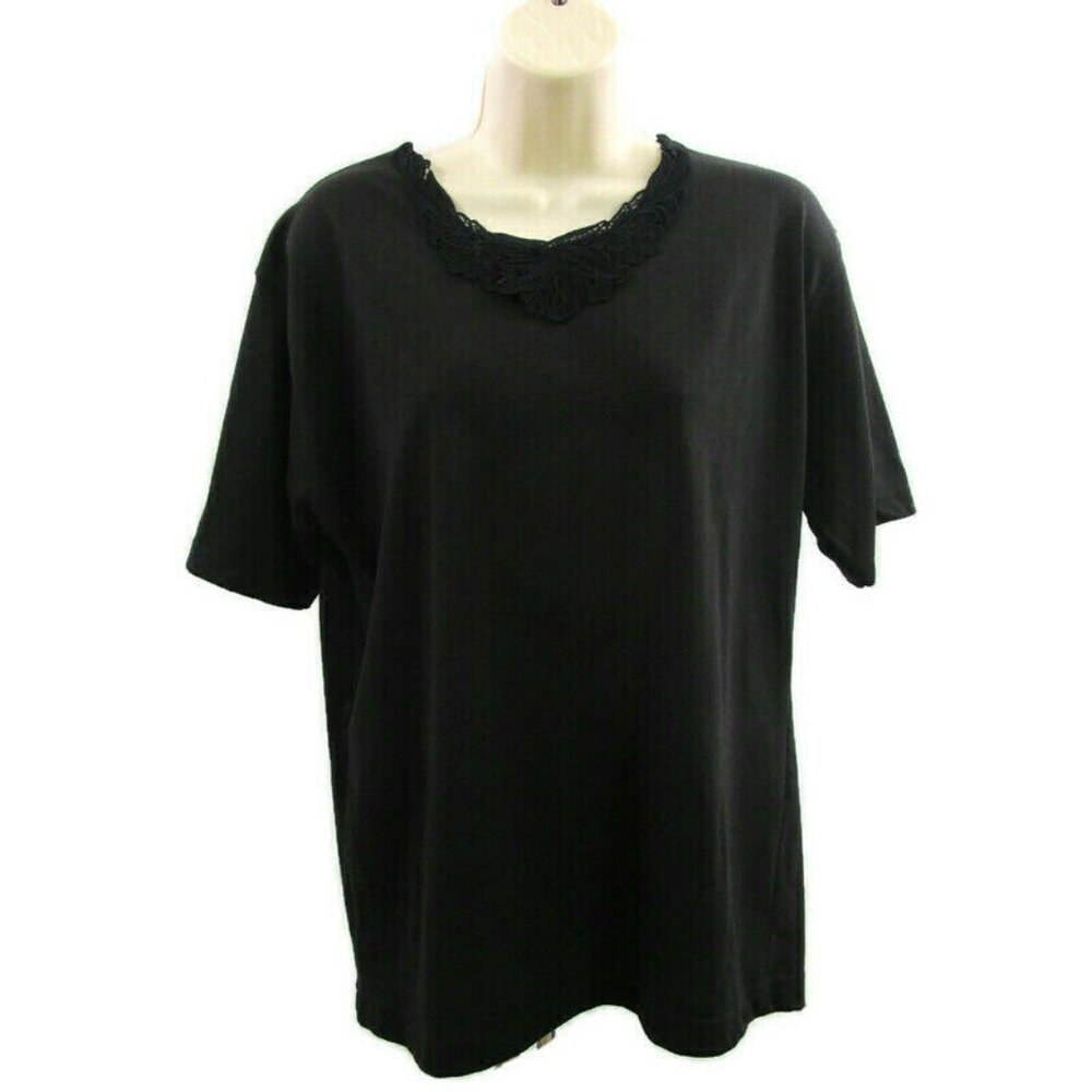 Womens Top Size Large Black Embroidered Neckline Short Sleeves A&M Collection